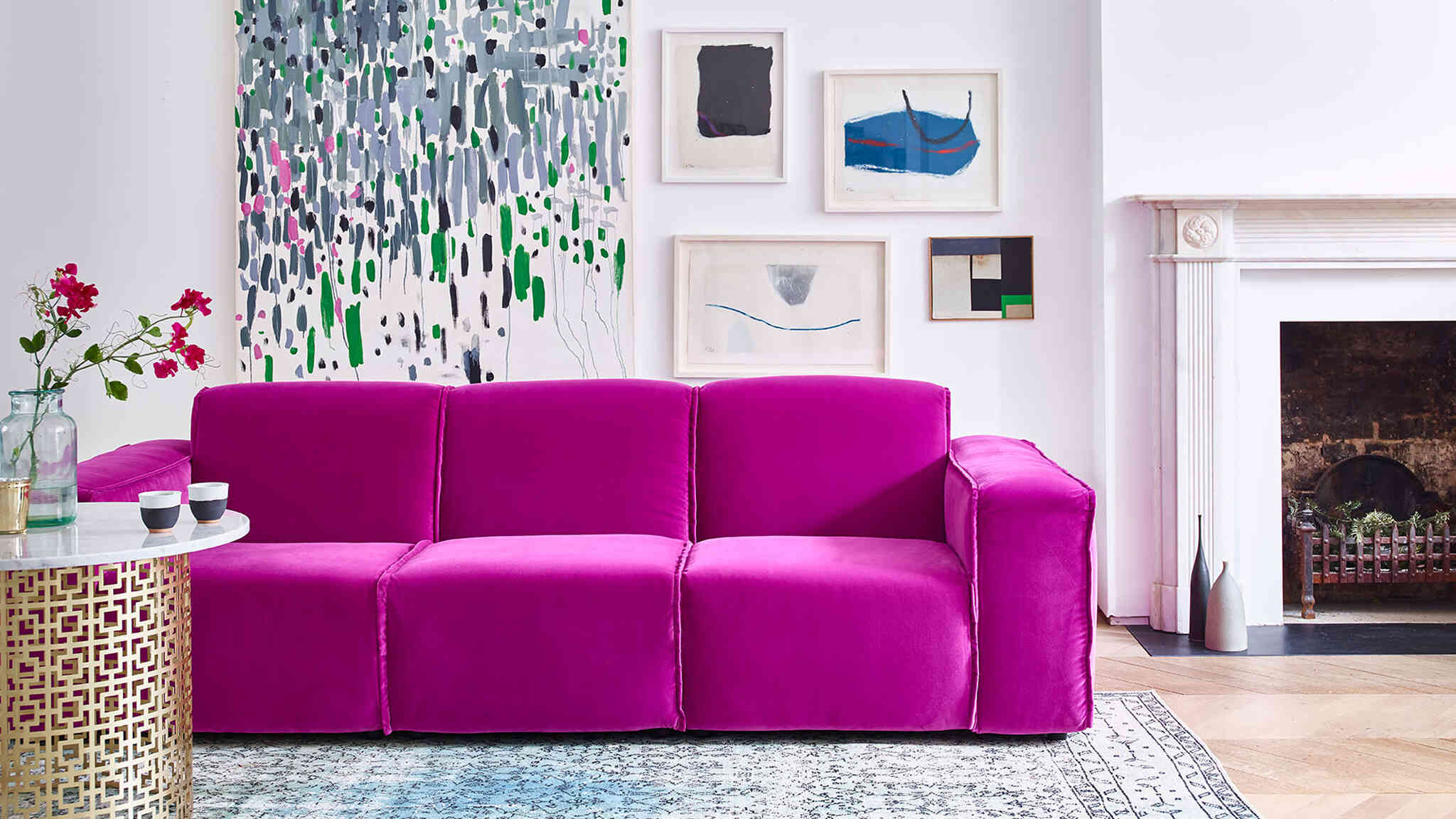 crawford large pink modular 3 seater sofa